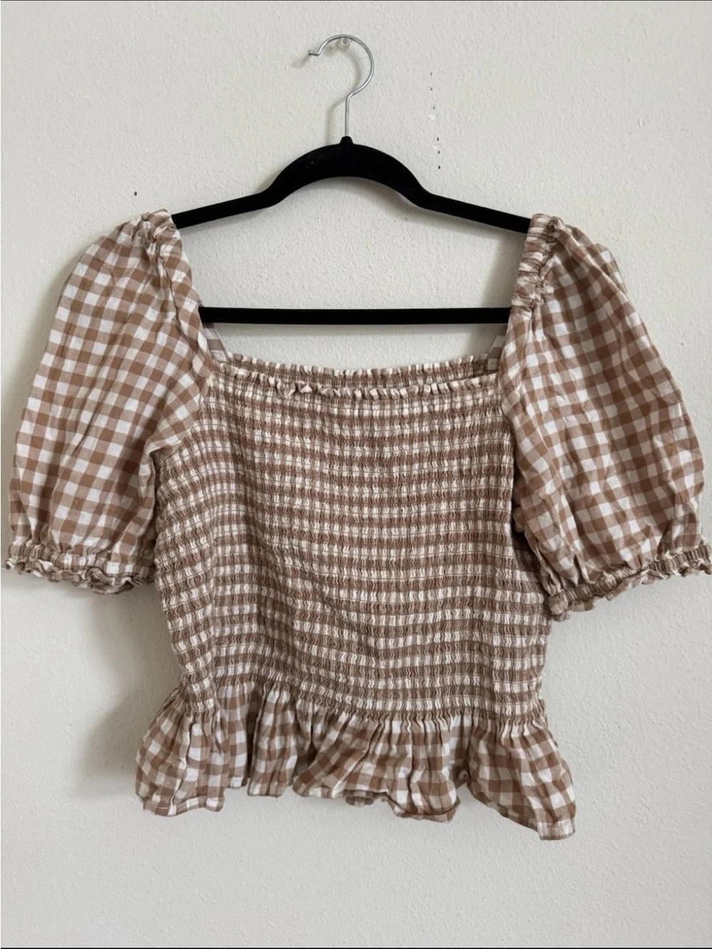J Crew Gingham Milkmaid Praire Seersucker Brown Puff Sleeve Top M